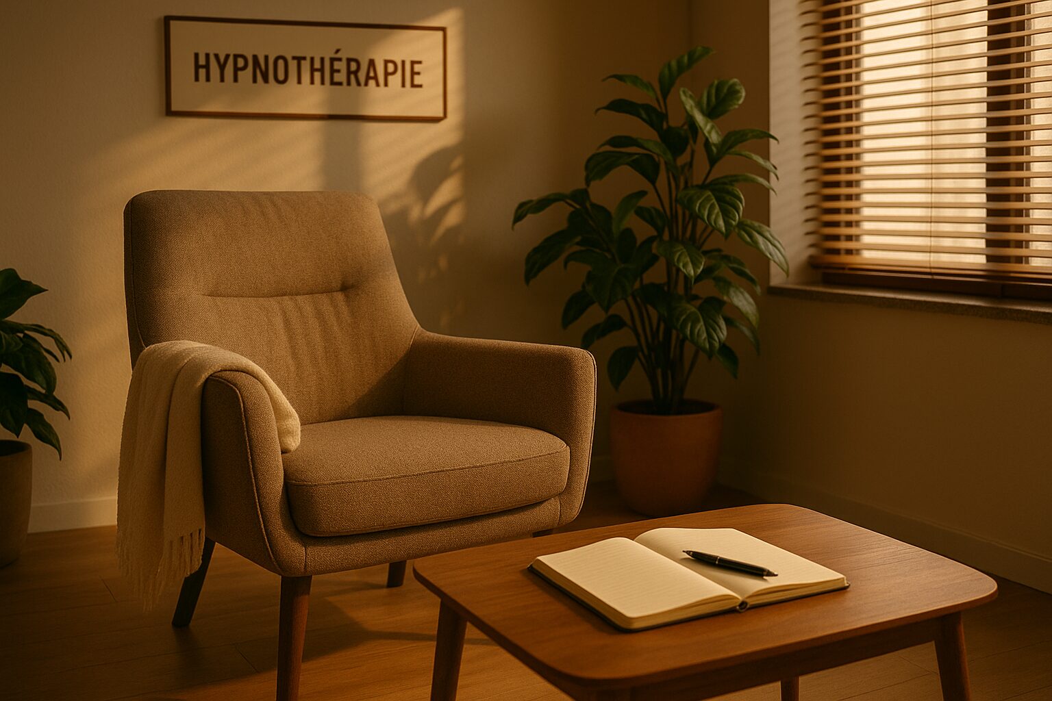 Cabinet d’hypnose chaleureux à Toulouse, fauteuil confortable et lumière douce.