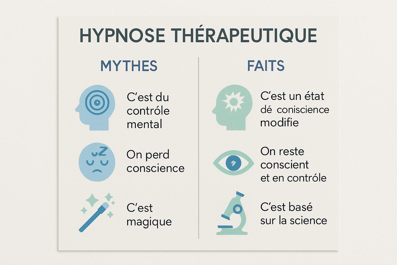 Infographie simple : idées reçues vs réalité de l’hypnose thérapeutique.