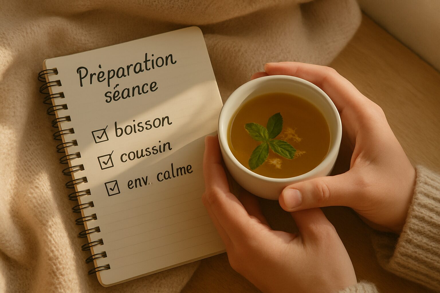 Checklist de préparation de séance d’hypnose, ambiance douce et rassurante.